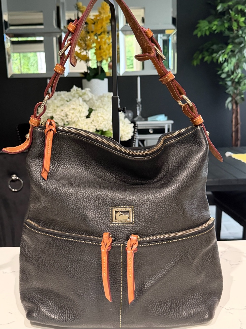 Dooney & Bourke Black Pebbled Leather Shoulder Bag with Tan Trim